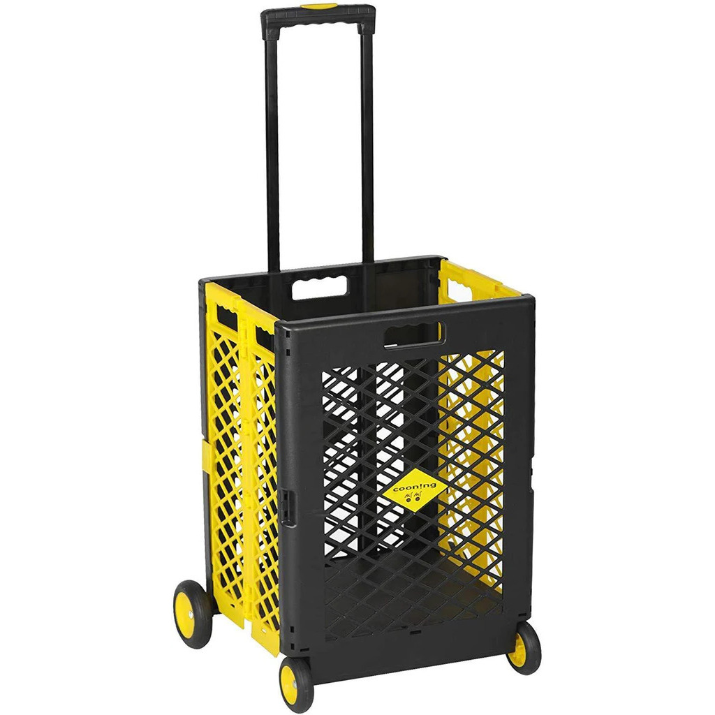 Foldable Rolling Cart with Wheels Portable Updated Utility Tools Rolling Crate with Telescopic Handle Yellow