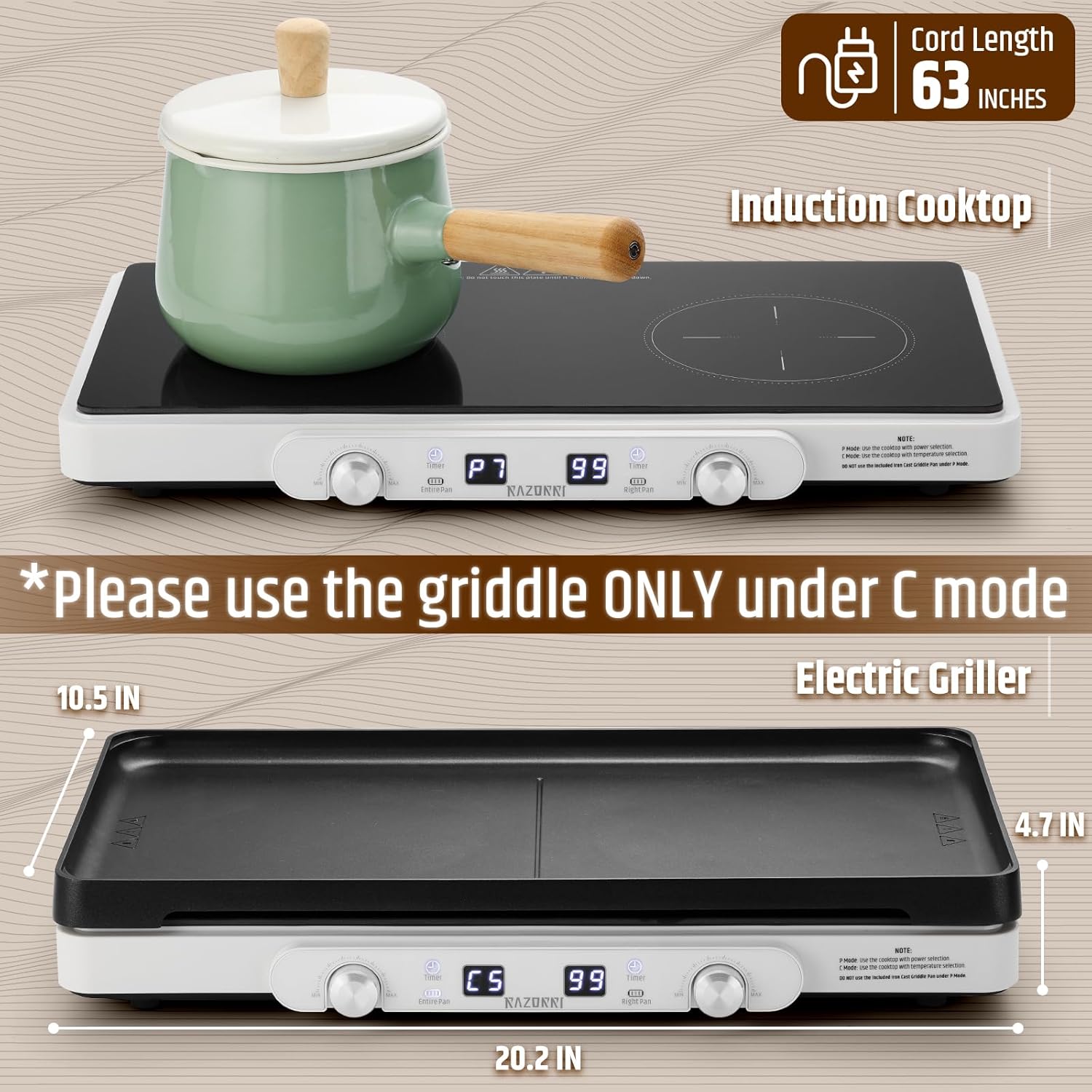 Razorri 1800W Countertop Induction Cooktop, 2 Burners Grill with 10'' Removable Non-stick Cast Iron Griddle Pan, 5 Temp Modes & 7 Power Options with Timer, Ideal for Outdoor Garden BBQ Party