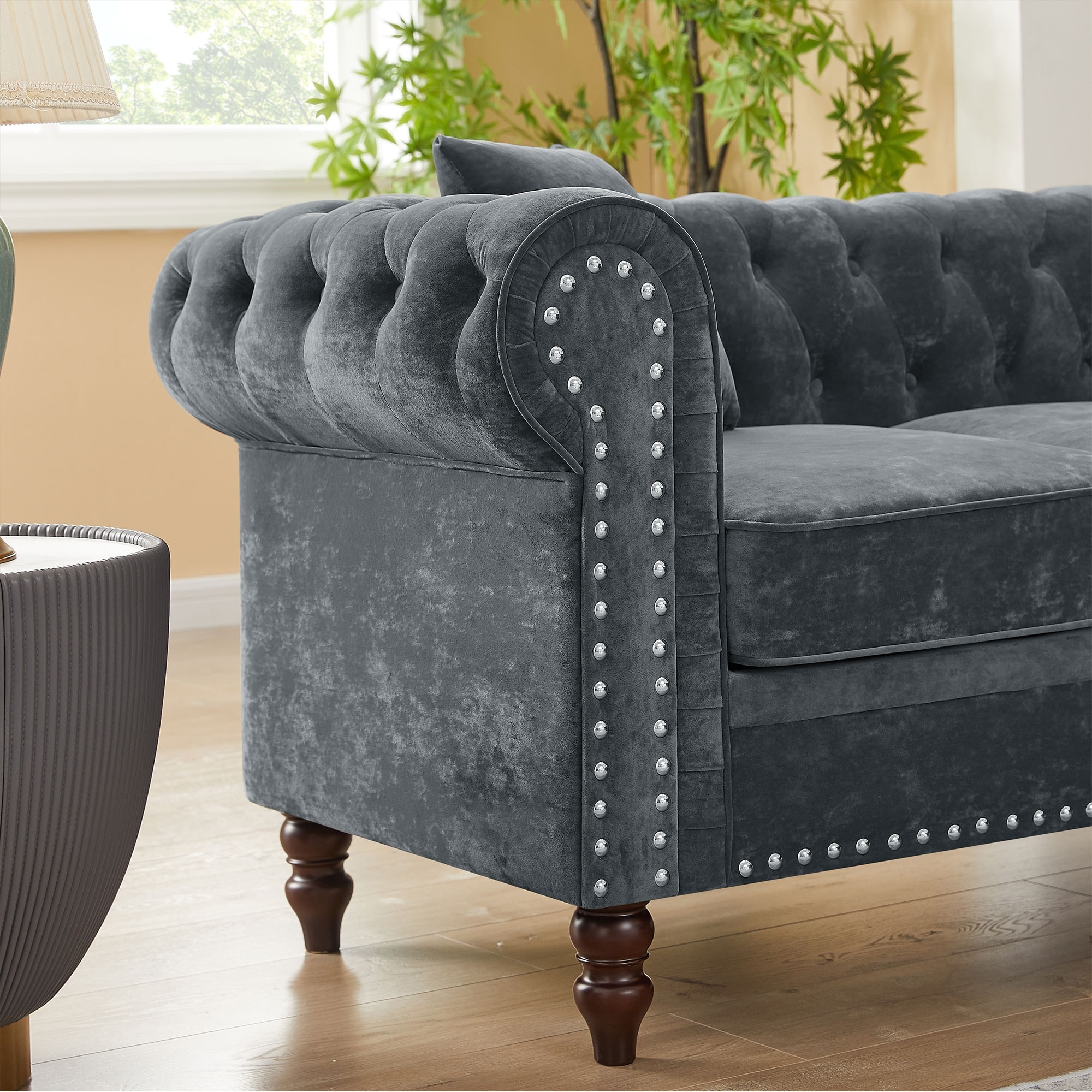 80" Button Tufted Upholstered Luxury Classic Chesterfield L-Shaped Sofa, Grey