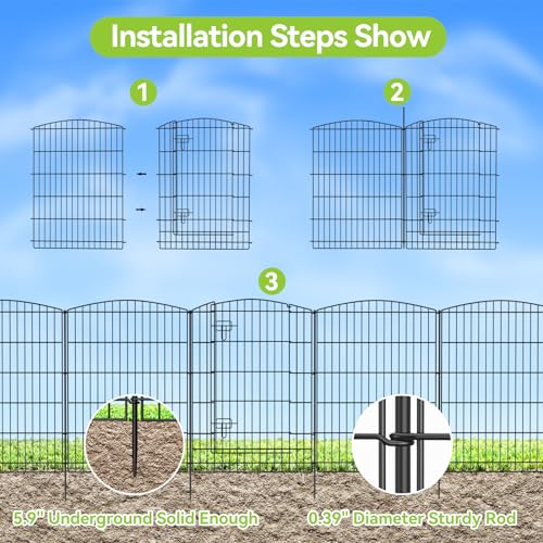 Garden Fence 12 Panels 23.6ft (L)×24in (H) Decorative Garden Fence with 11 Fence Panels + 1 Gate Rustproof Wire No Dig Garden Fence Animal Barrier Fencing for Outdoor Backyard Patio - Black