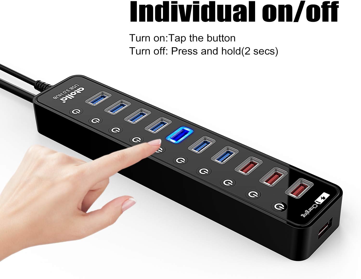 Powered USB 3.0 Hub, Atolla USB 3.0 Data Hub 11 Ports - 7 USB 3.0 Data Ports + 4 Smart Charging Port with Individual On/Off Switches and 12V/4A Power Adapter USB Hub 3.0 Splitter Pack of 2