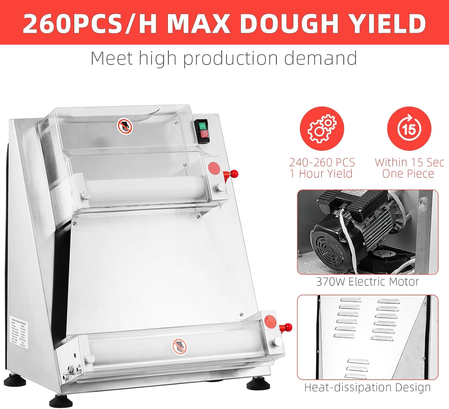 Commercial Pizza Dough Roller Sheeter, CuisinAid Max 16", Automatic 370W Electric Pizza Dough Roller, Stainless Steel, Suitable for Noodle, Pizza Bread and Pasta Maker Equipment