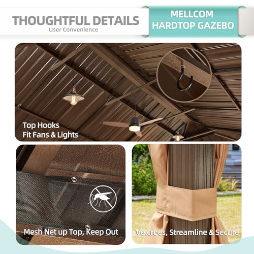 MELLCOM 12'x16' Hardtop Gazebo, Galvanized Steel Metal Double Roof Canopy with Curtains and Netting, Brown Permanent Pavilion Gazebos with Aluminum Frame for Garden, Patio, Lawns, Deck
