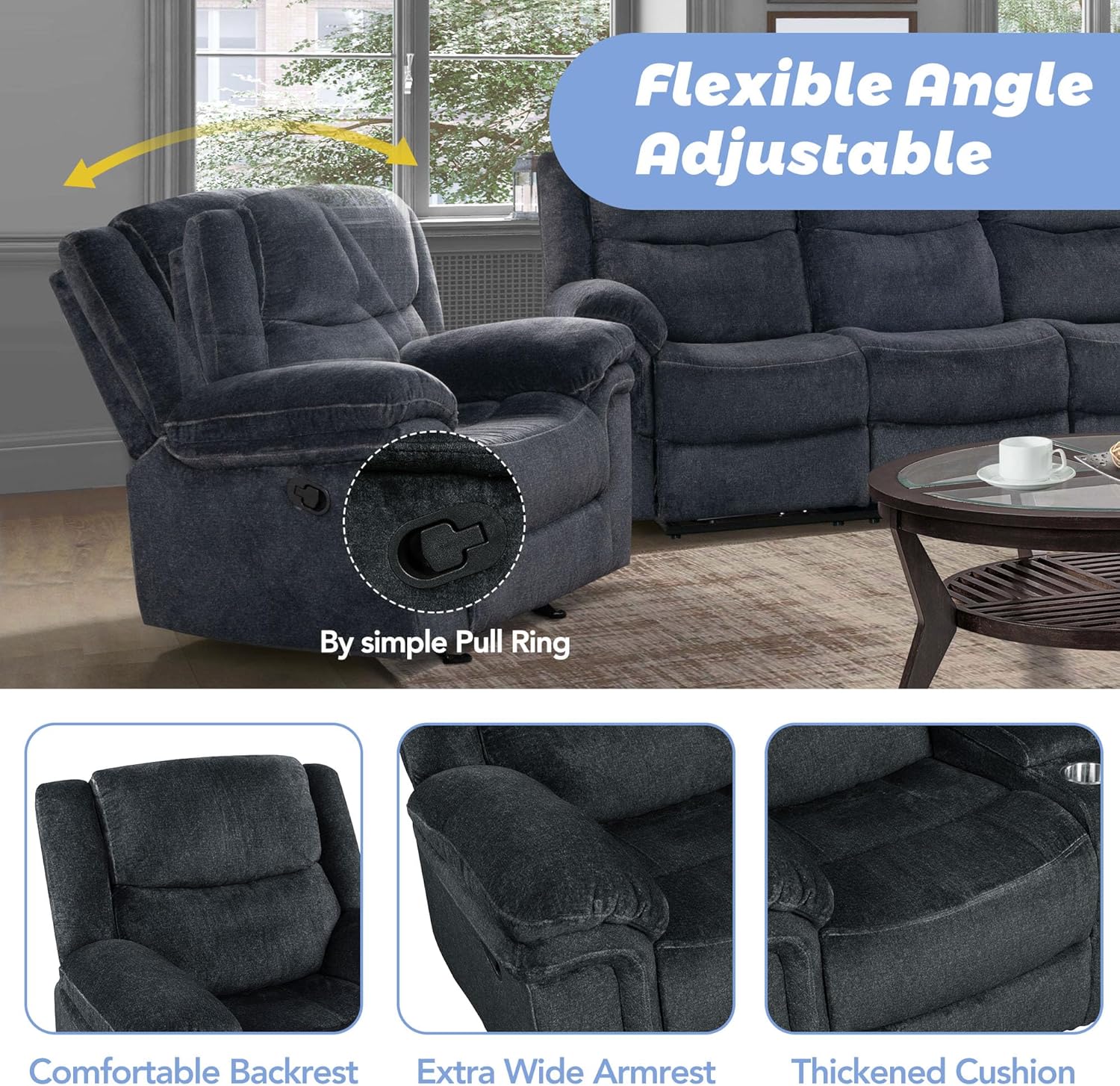 3-Piece Living Room Sets Velvet Recliner Sofa Set Reclining Chairs w/Flipped Middle Backrest,Cup Holders&Hidden Arm Storage for Elderly,Manual Home Theater Seating Lounge w/USB&Sockets for Living Room