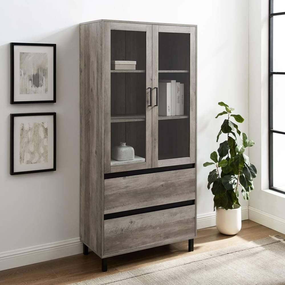 Walker Edison 68x22 Glass Door Storage Hutch - Dark Walnut
