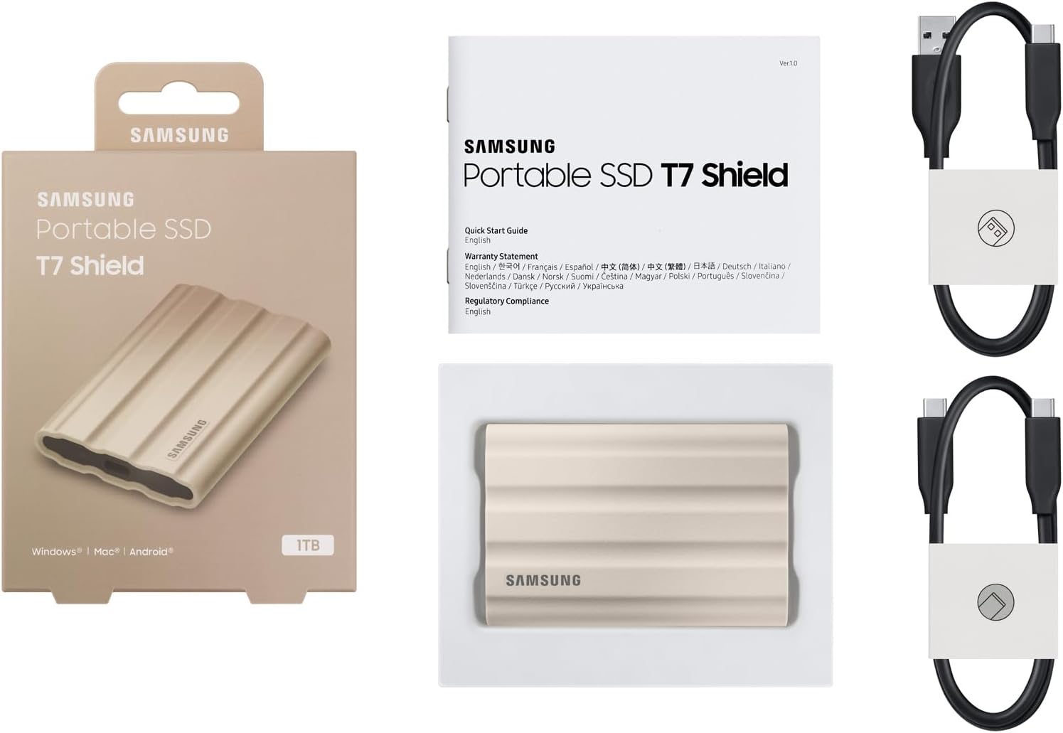 Samsung MU-PE1T0K/AM T7 Shield Portable Solid State Drive 1TB 2022 - Beige Bundle with Converter Adapter Type C Adapter + Vivitar Hard Shell Case (White)