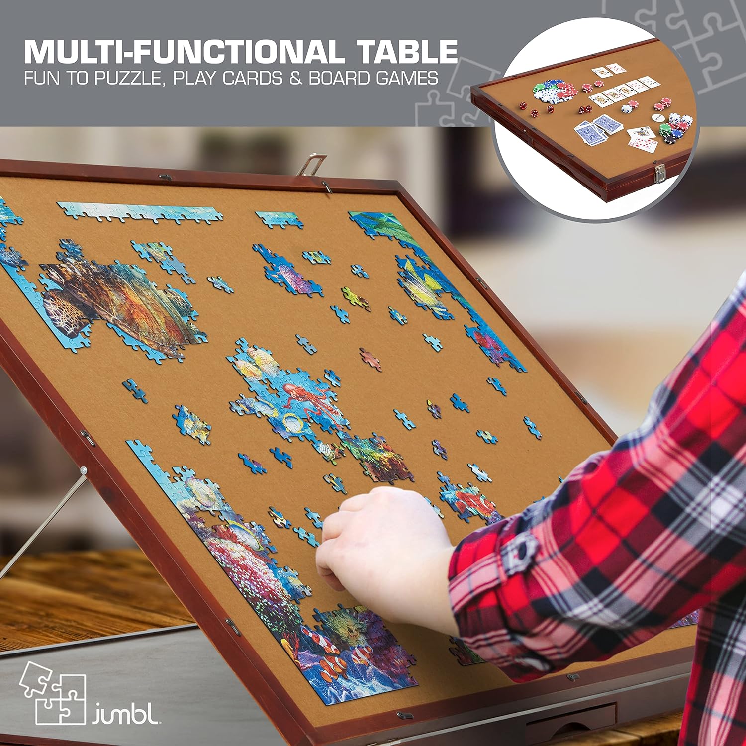 Jumbl Premium 1500-Piece Tilting Puzzle Board w/Felt Surface, 6 Removable Sorting Drawers Surface, Interlocking Cover | 27” x 35” Wooden Jigsaw Puzzle Table | Reinforced Hardwood Construction