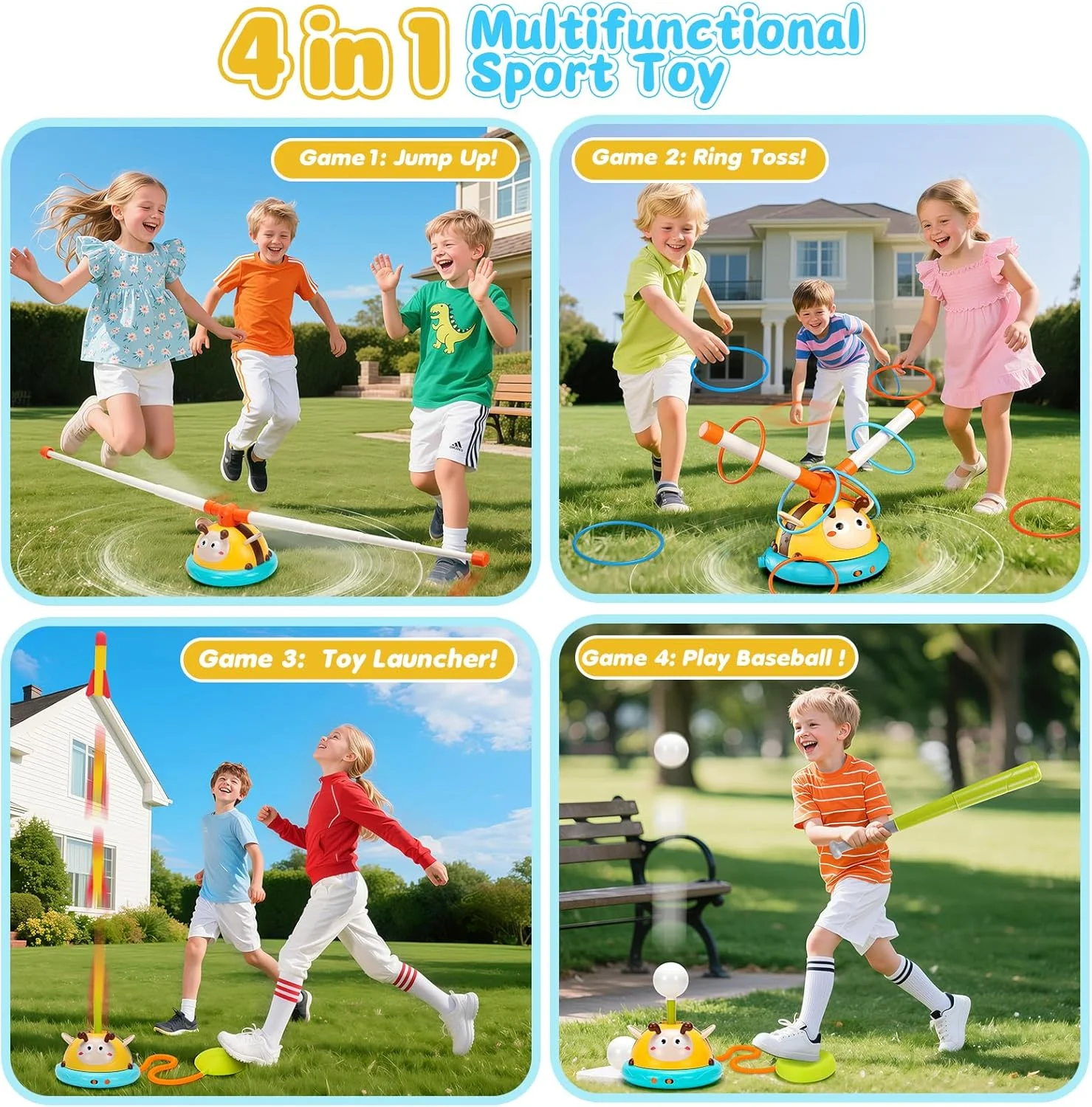 4 in 1 Outdoor Toy for Kids Ages 4-8, Jump Toy Toss Ring Baseball Game with Music, Outside Family Sports Games, Ideal Birthday, Xmas Gifts for Boys Girls Ages 3 4 5 6 7 8