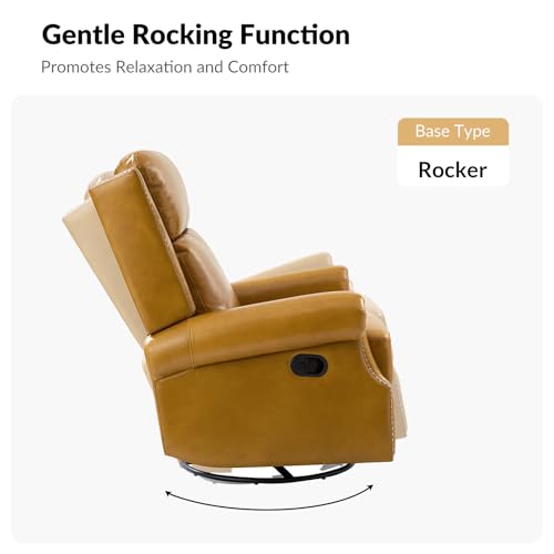 HULALA HOME Genuine Leather Swivel Rocker Recliner, Manual Glider Recliner Chair with Footrest and Lumbar Support, Pushback Recliner with Nailhead Trim and Metal Base(Saddle)