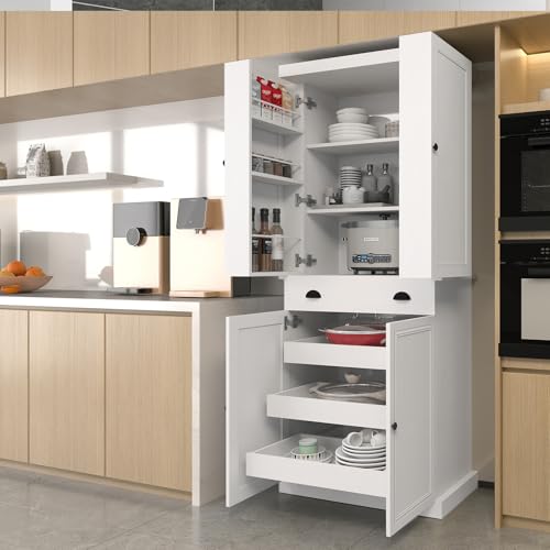 HollyHOME 72" Kitchen Pantry Cabinet, Storage Cabinet with 4 Doors and 1 Drawer, Freestanding Cupboard with Adjustable Shelves and 6 Door Shelves for Kitchen, Dining Room, Living Room, White