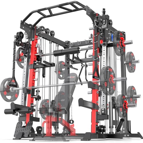 L05/07 Smith Machine，Multi-Function Squat Rack Power Cage with Cable Crossover System,with Weight Bench, Olympic Barbell Weight Set, for Home Gym