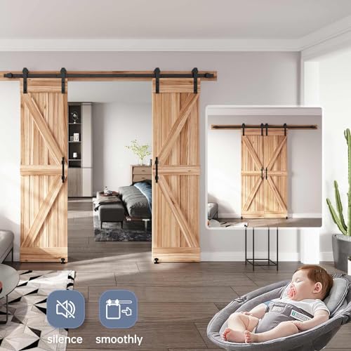 EaseLife 12 FT Double Sliding Barn Door Track and Handle Hardware Kit,Straight Pulley,Slide Smoothly Quietly,Easy Install (12FT Track Kit for 33"~36" Wide Double Door)