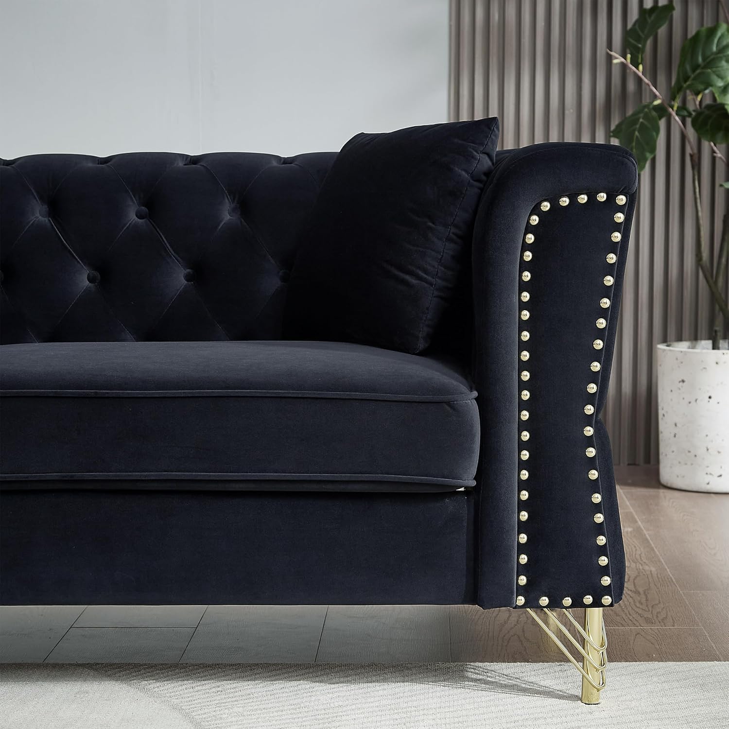 3-seater + 2-seater Combination Sofa Tufted Couch with Rolled Arms and Nailhead for Living Room, Bedroom, Office, Apartment, four pillows (Black)