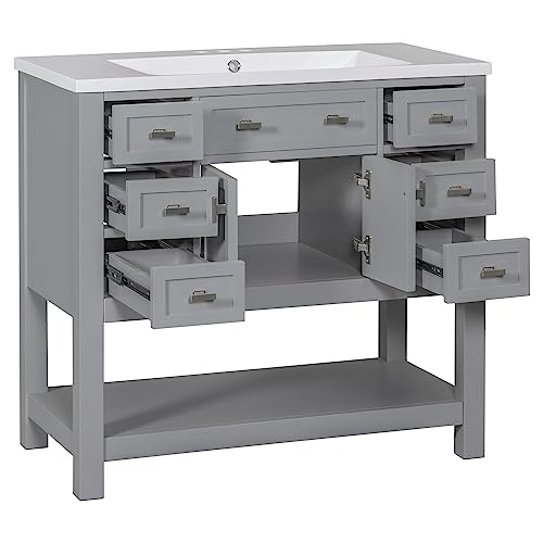 22" Small Bathroom Vanity with Sink, White Bathroom Vanity Cabinet with Ceramic Vessel Sink & Left Side Storage, Single Sink Bathroom Vanity with Top, Freestanding Bathroom Sink and Cabinet Combo Set