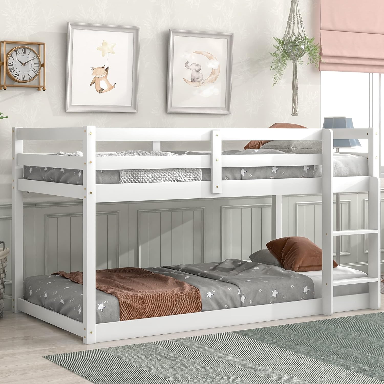 Twin Over Twin Loft Bed Wooden Bed Frame with Safety Guardrail and Ladder, for Kids Teens Boys Girls, White