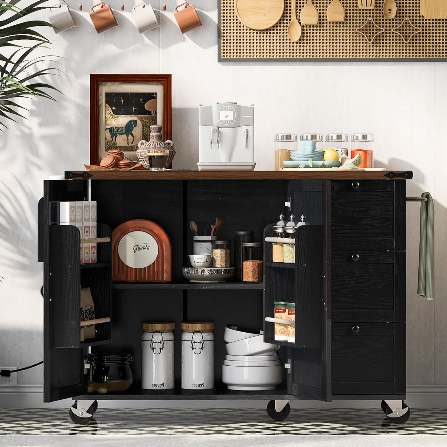 roomfitters 54.5" Farmhouse Kitchen Island with Power Outlet, Kitchen Storage Island with Internal Storage Rack, Drop Leaf, Spice Rack, Rolling Kitchen Cart, for Home, Kitchen and Dining Room (Black)