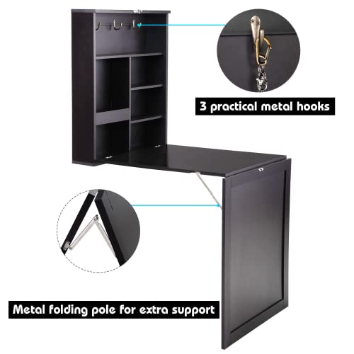 Folding Wall Mounted Table, Convertible Craft Desk with Storage, Multi-Function Computer Writing Floating Desk for Home Office (Black)