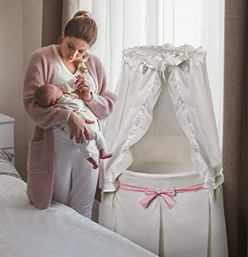 Badger Basket Empress Canopy Bassinet, Rocking Baby Cradle Bed with Mattress, Bedding, and Storage, Round- Ecru/Leaf