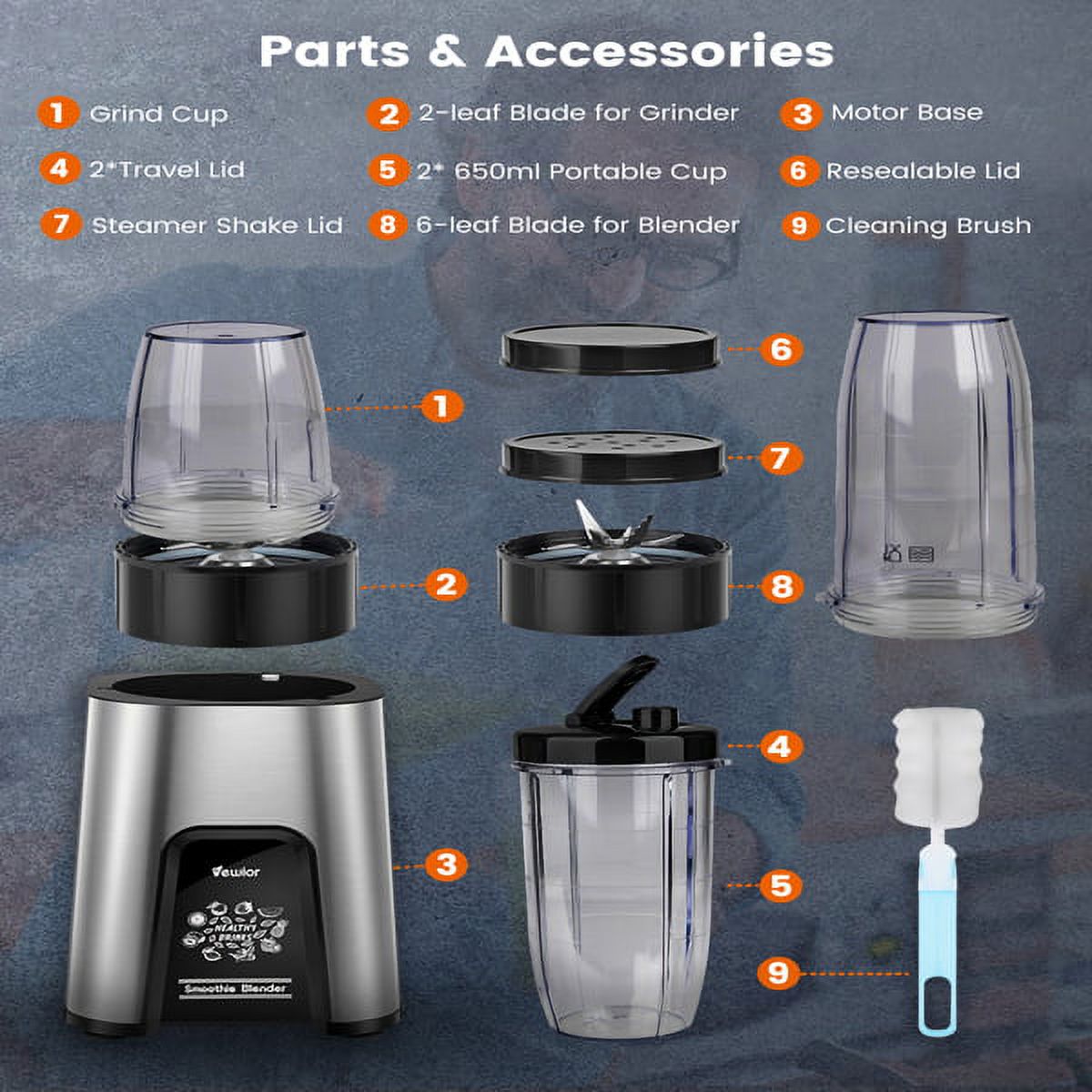 VEWIOR 1000W Smoothie Blender - 11 Pieces - Nutritious Shakes in Seconds