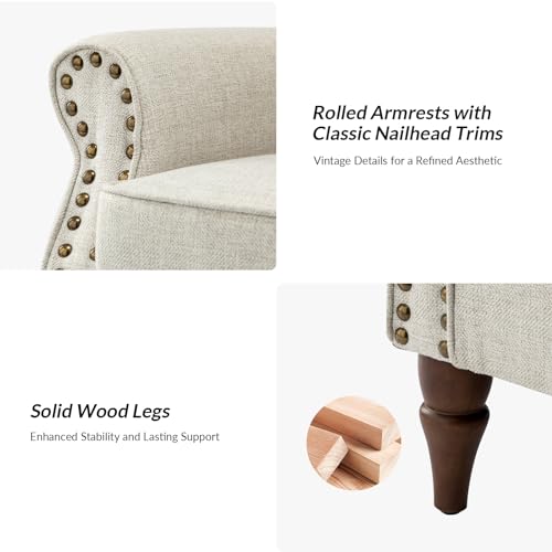 HULALA HOME Modern Accent Chair with Wooden Legs & Nailhead Trim, Small Fabric Club Chair, Comfy Upholstered Armchair Lounge Chair for Bedroom Living Room Single Sofa(Ivory)