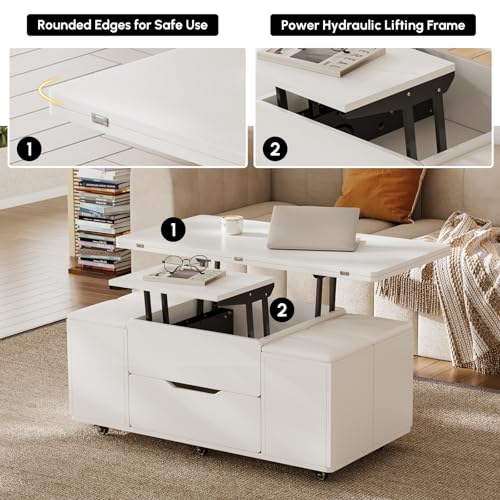 homary Black Lift-Top Coffee Table with Hidden Storage, 3-in-1 Modern Folding Center Table with 4 Stools, Casters, and Lockable Wheels – Convertible Dining & Office Table for Living Room