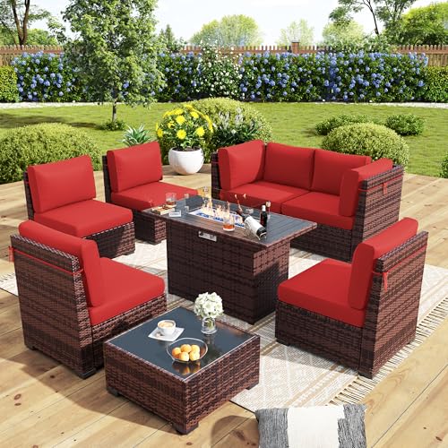 Outdoor Patio Furniture Set with 44" Fire Pit Table 8 Pieces Rattan Patio Sectional Sofa Conversation Set w/55000 BTU Propane Gas Fire Pit, Coffee Table, 2 Waterproof Covers, Grey