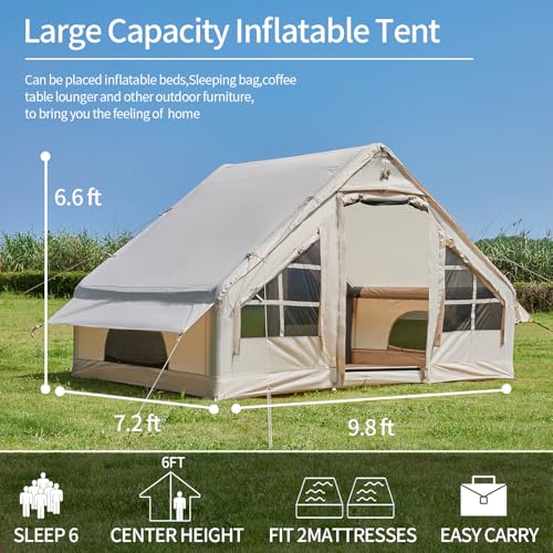 Inflatable Tent with Pump,4-6 Person Instant Glamping Camping Tents House, Easy Setup Blow Up Family Tents for 4 Seasons Waterproof Inflatable Tent for Camping with Mesh Windows.