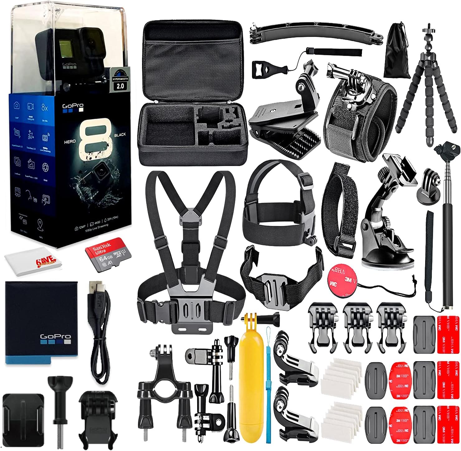 GoPro HERO8 Black Digital Action Camera - Waterproof, Touch Screen, 4K UHD Video, 12MP Photos, Live Streaming, Stabilization - 16GB Card - with 50 Piece Accessory Kit - All You Need Bundle