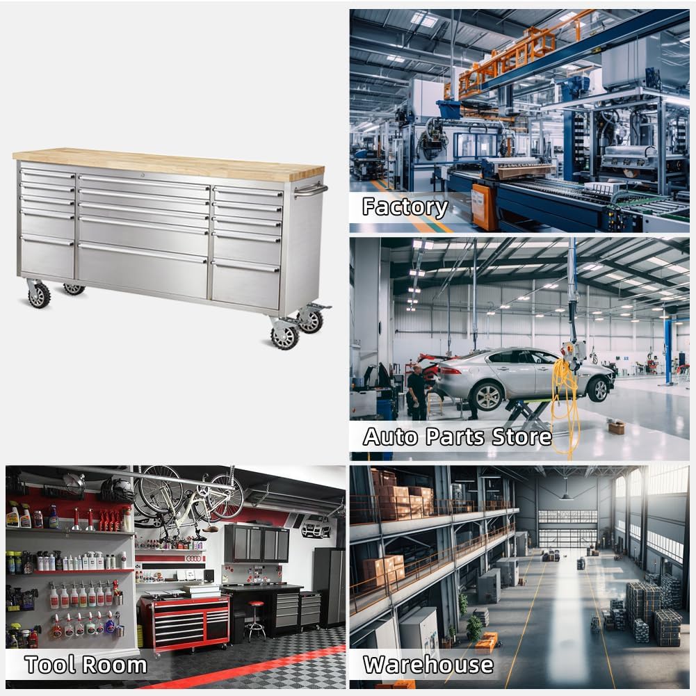 72-inch Stainless Steel Rolling Tool Chest with 15 Drawers, Lockable Mobile Storage Cabinet for Garage, Workshop, and Home