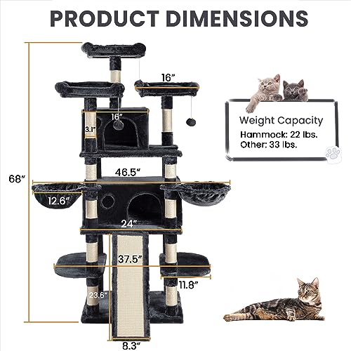 SHA CERLIN 68 Inches Multi-Level Cat Tree Tower with Condo, Plush Perches, Scratching Posts, Hammocks, and Play House, Beige