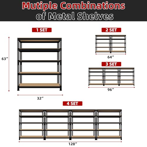 5 Tier Garage Storage Shelves - 32" W x 16" D x 63" H Adjustable Heavy Duty Metal Shelving Unit, Garage Shelving Utility Storage Rack for Basement, Pantry, Kitchen, Black, 2 PCS