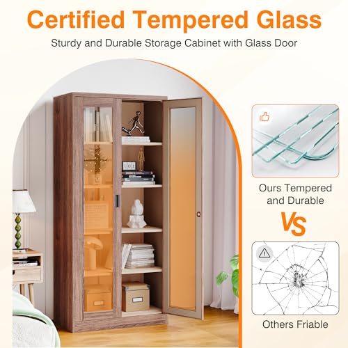 Glass Display Cabinet Liquor Cabinet with Lock,Tall Bookcase Metal Glass Storage Cabinet with 4 Adjustable Shelves,5-Tier Curio Cabinet for Home,Study,Living Room and Office (White)