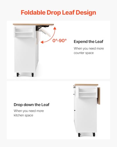 VEVOR Kitchen Island Cart with Solid Wood Top, 35.4" Width Mobile Carts with Storage Cabinet, Rolling Kitchen Table with Spice Rack, Towel Rack, and Drawer, Portable Islands on Wheels, White