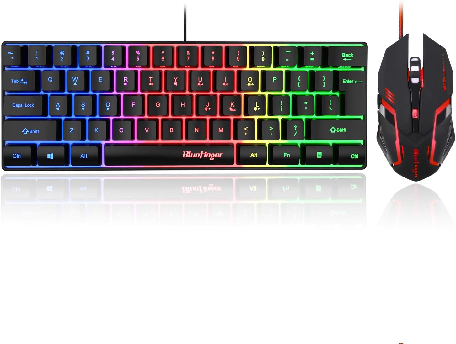 Bluefinger 60% Gaming Keyboard and Mouse Combo, Compact 61 Keys RGB Rainbow Backlit USB Wired Gaming Keyboard with Illuminated Gaming Mouse for PC Laptop Computer Gamer Office Work