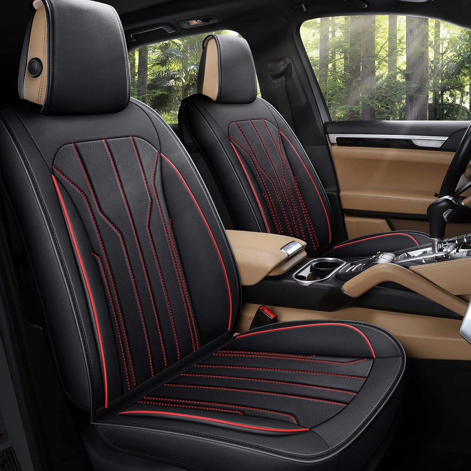 AOOG Leather Car Seat Covers, Leatherette Automotive Seat Covers for Cars SUV Pick-up Truck, Non-Slip Vehicle Car Seat Covers Universal Fit Set for Auto Interior Accessories, Front Pair, Black