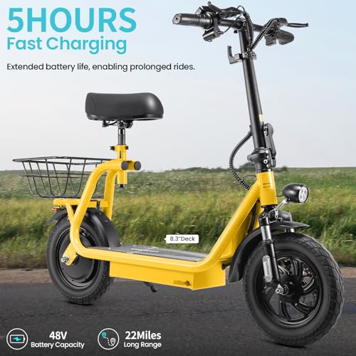 Caroma Peak 800W/1200W Electric Scooter Adults, 30 Miles Max Range, Foldable Electric Scooter with Seat, Front Suspension, Detachable Large Basket,Commuter E-Scooter for Adult and Teens