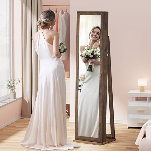 Jewelry Cabinet with Full-Length Mirror, Lockable Jewelry Armorie Standing with Inside Makeup Mirror, Space-Saving Jewelry Storage Organizer, Brown