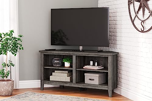 Signature Design by Ashley Dorrinson Modern Corner TV Stand with 4 Shelves & Fits TVs Up to 58 Inches, Whitewash & Gray