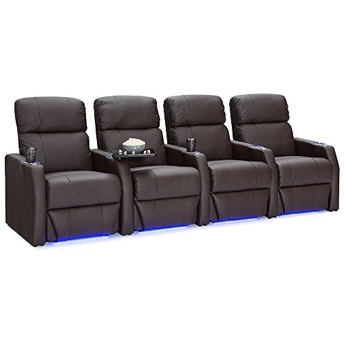 Seatcraft Sienna Home Theater Seating, Living Room, Bonded Leather, Power Recline, Space-Saver Armrests - Tray Tables - Ambient Base Lighting and Lighted Cupholders (Row of 3, Black)