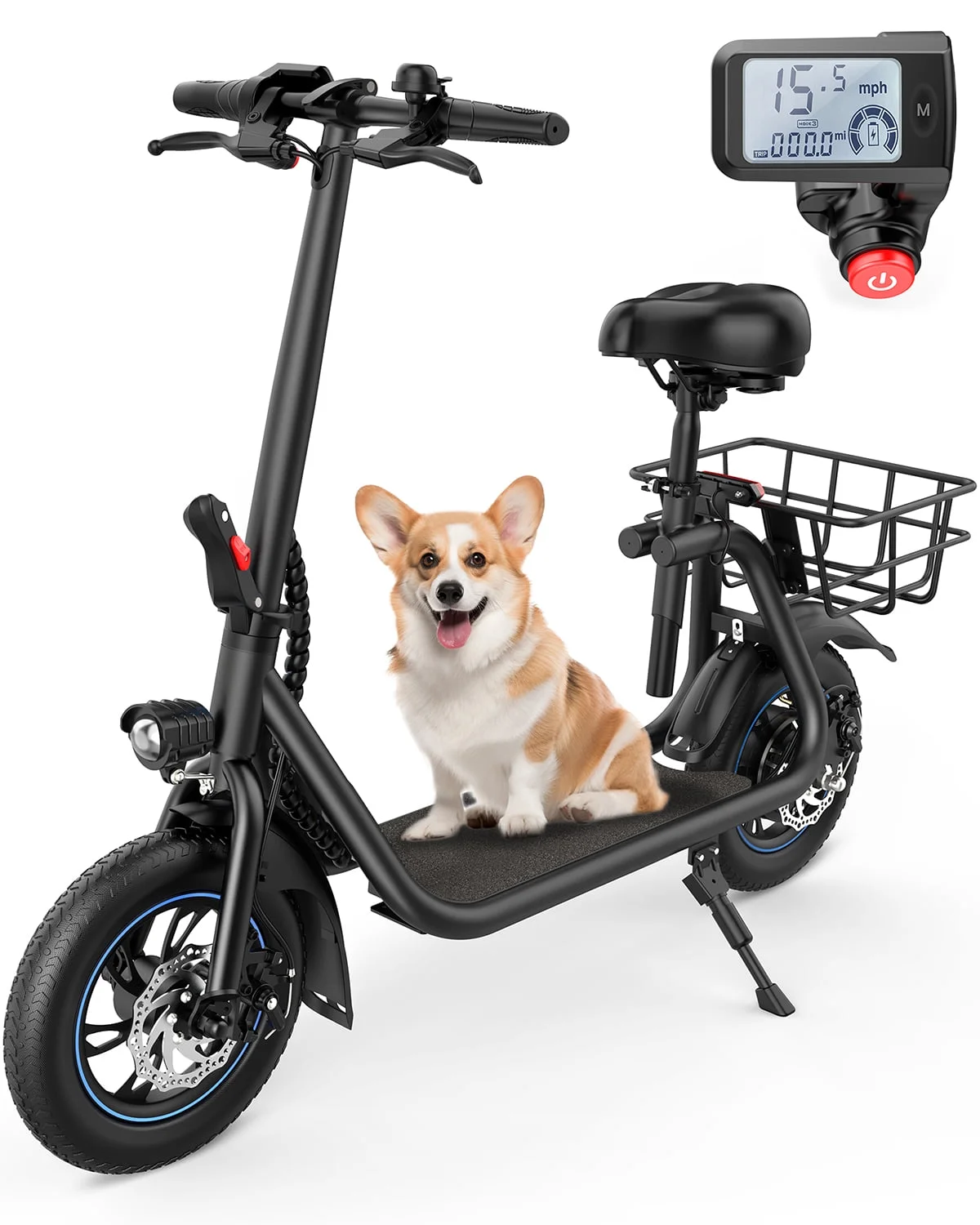 Kistp 450W 12" Electric Commuter Scooter with Seat & Basket for Adults - 21 Miles Range, 15.5 MPH