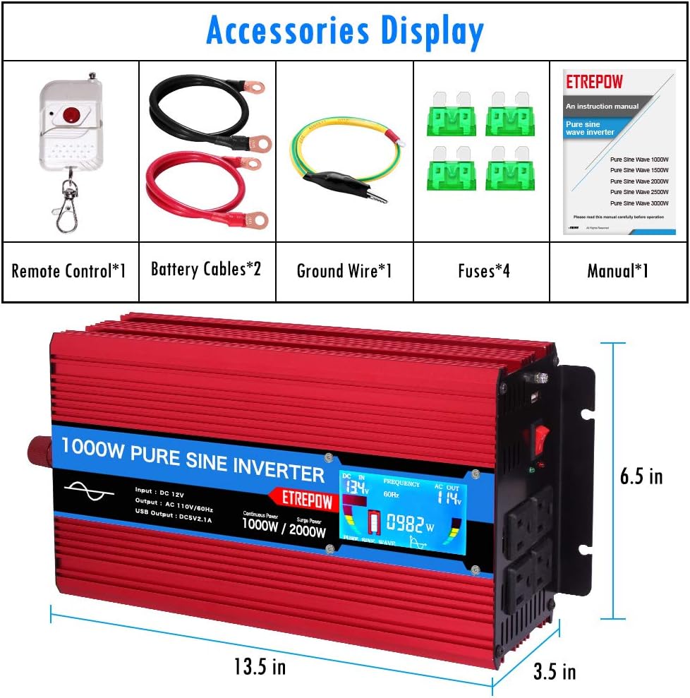 ETREPOW 3000 Watt Pure Sine Wave Inverter 12V to 110V 120V with LCD Display, 4 AC Sockets, 2.1A USB Port, Dual Fans and Wireless Remote Control-Off-Grid Inverter for RV, Automotive 6000W Peak