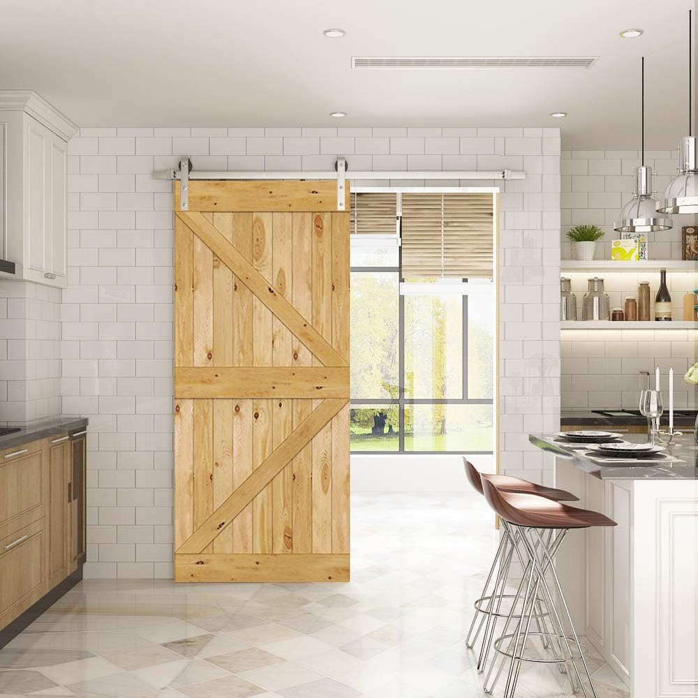 JUBEST Satin Nickel Sliding Barn Door Hardware Kit Smoothly and Quietly Hanger Roller Flat Track Kit J Shape Roller