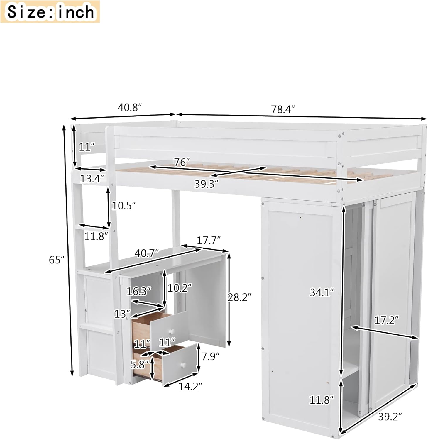 Modern Twin Loft Bed with Desk and Wardrobe, Wooden Twin Size Loft Bed with Storage Drawers for Girls Boys Teens,No Box Spring Needed, White