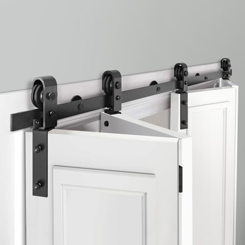 72"/6FT Bi-Folding Sliding Barn Door Hardware Track Kit for 4 Closet Door, Side Mount Roller, Heavy Duty, Slide Smoothly Quietly, Easy Install, Black(No Door)