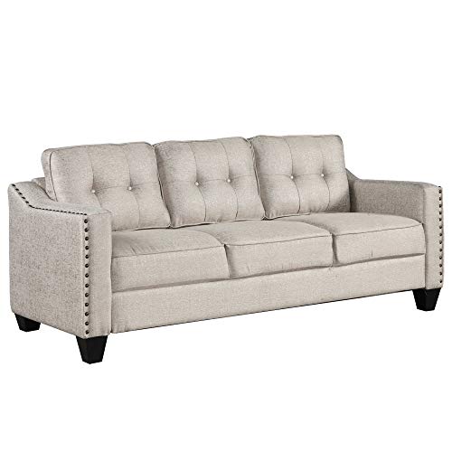Knocbel Stylish 3-Piece Sofa Set Living Room Set with Tufted Cushions, Velvety Soft Linen Blend Fabric and Brass Nail Head Trip, Including 3-Seat Sofa, Loveseat and Accent Chair, Gray