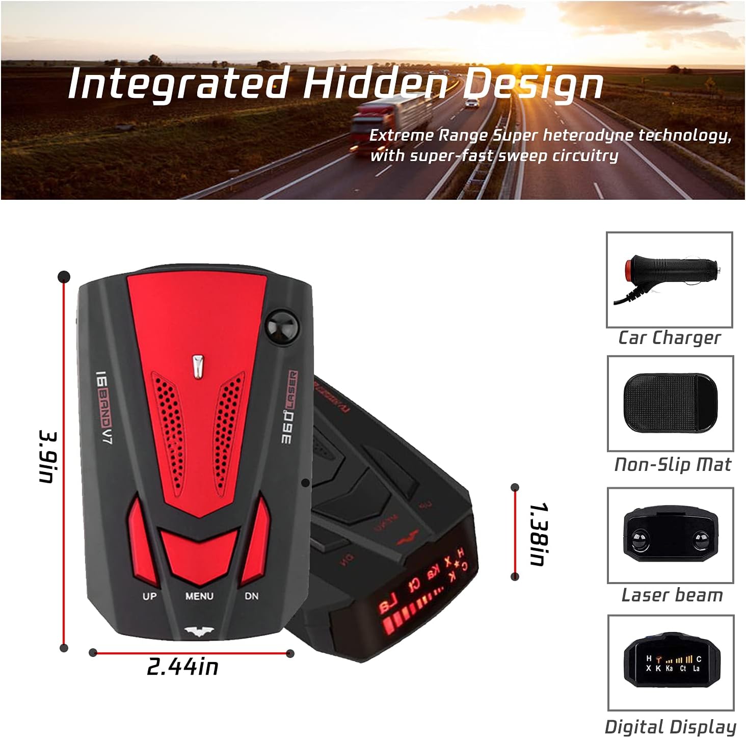 Radar Detector for Cars, with Voice Prompt Speed, Vehicle Speed Alarm System,LED Display,City/Highway Mode,Auto 360 Degree Detection for Cars (Red)