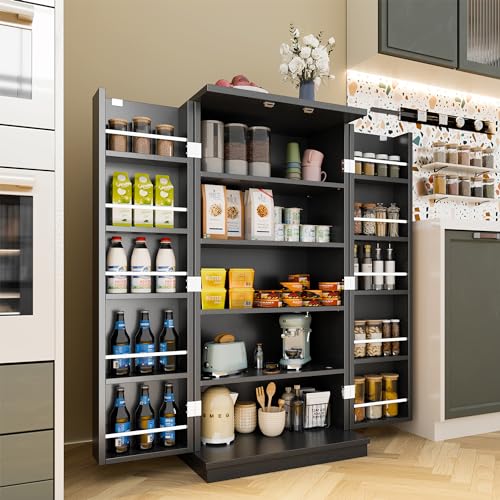 SUNLEI 47" Kitchen Pantry Cabinet, White Food Storage Cabinets with Door and Adjutable Shelves, Freestanding Wooden Dresser for Kitchen, Dining Room, Living Room and Bedroom