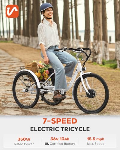 Viribus Electric Tricycle for Adults, 24 & 26 inch Electric Trike 350W(Peak 700W) with 468Wh Removable Battery, 3 Wheel Electric Bikes for Seniors, Motorized Adult Tricycle 7 Speed 330 lb. E Trike