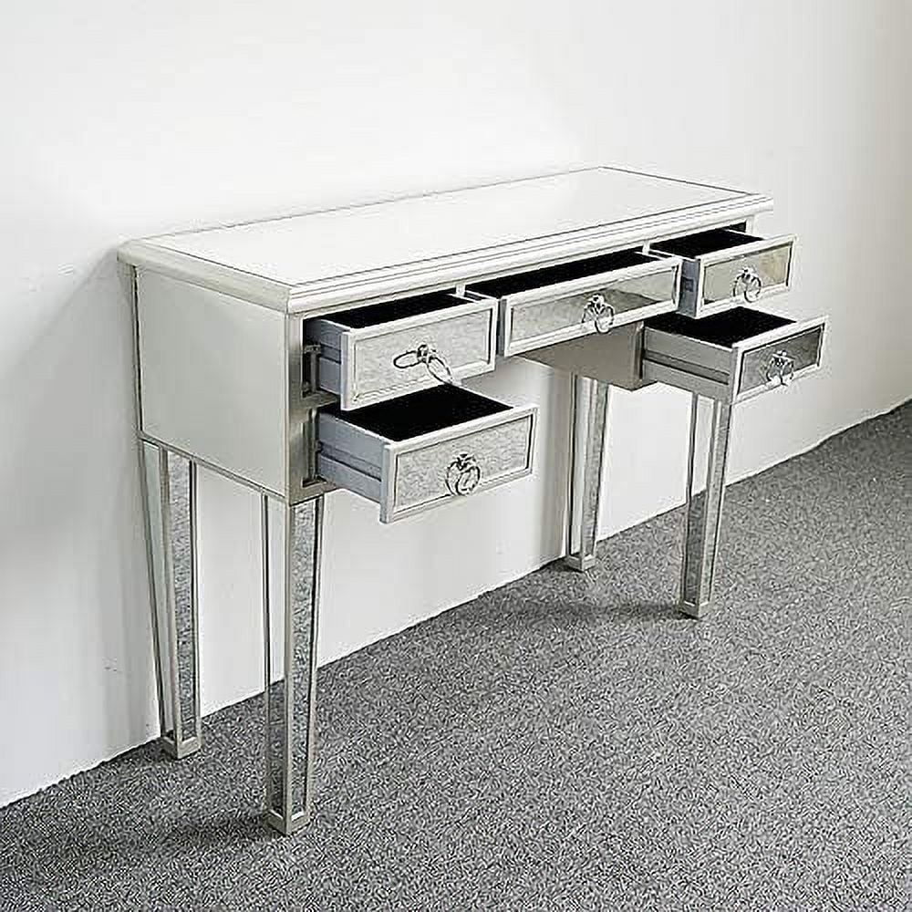 TJUNBOLIFE Mirrored Makeup Desk Vanity Dressing Table with 5 Drawers  Modern Glass Entryway Console Table Writing Desk