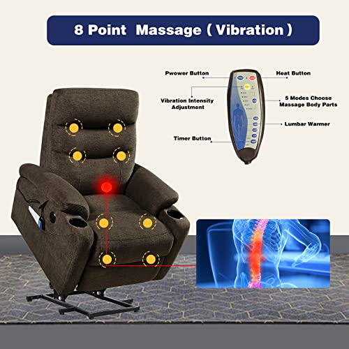 Lift Recliner Chair for Elderly,Power Vibration Massage Heated Arm Chair 2 Cup Holders,USB Charge Port,Fabric Single Sofa Seat Chair with 2 Side Pockets,Ergonomic Lounge Chair for Living Room (Brown)